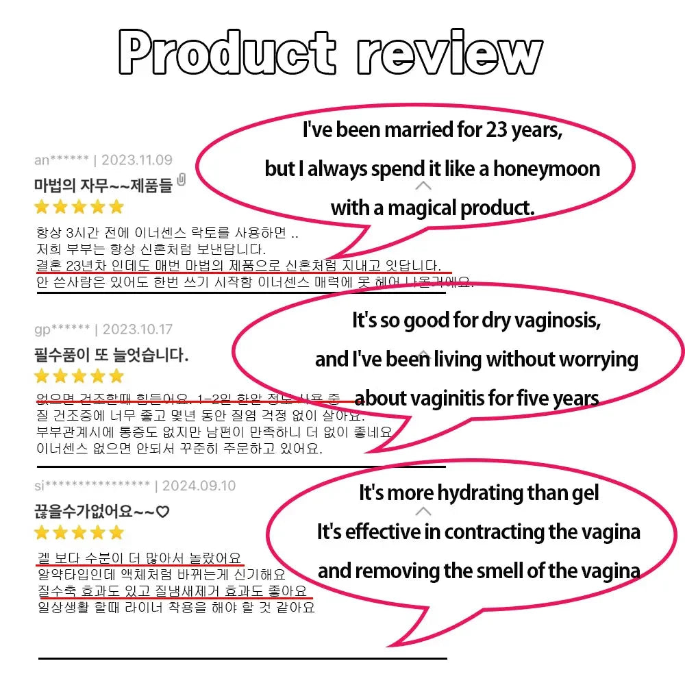 Customer reviews praising feminine wash for dryness relief, odor removal, and freshness.